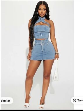 Fashion Nova Light Blue Denim Mini Dress Set